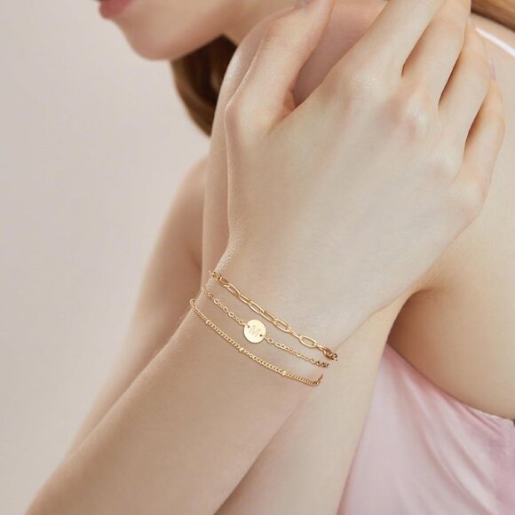 Gold Initial Bracelet for Women - 18K Plated Stainless Steel Charm Jewelry Gift - Picture 5 of 6